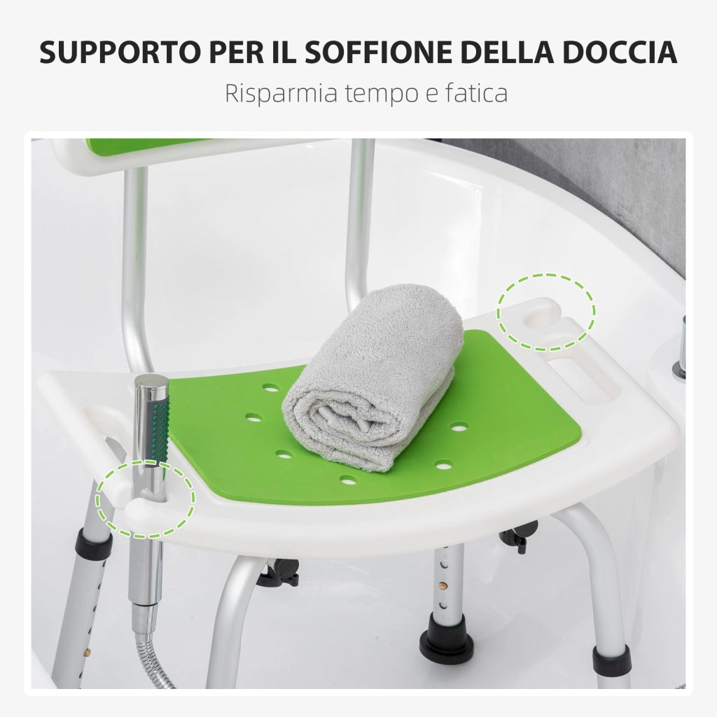 Sedia per Doccia 51,5x49,5x68,5-81 cm Altezza Regolabile su 6 Livelli e Schienale Ricurvo in Alluminio ed EVA Verde e