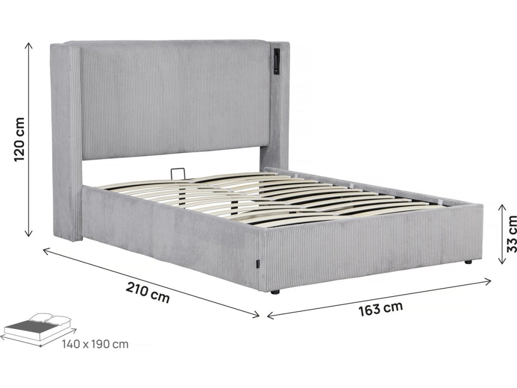 Letto matrimoniale in velluto a coste con cassettiera integrata e lampada "Cortina" - 140 x 190 cm - Grigio