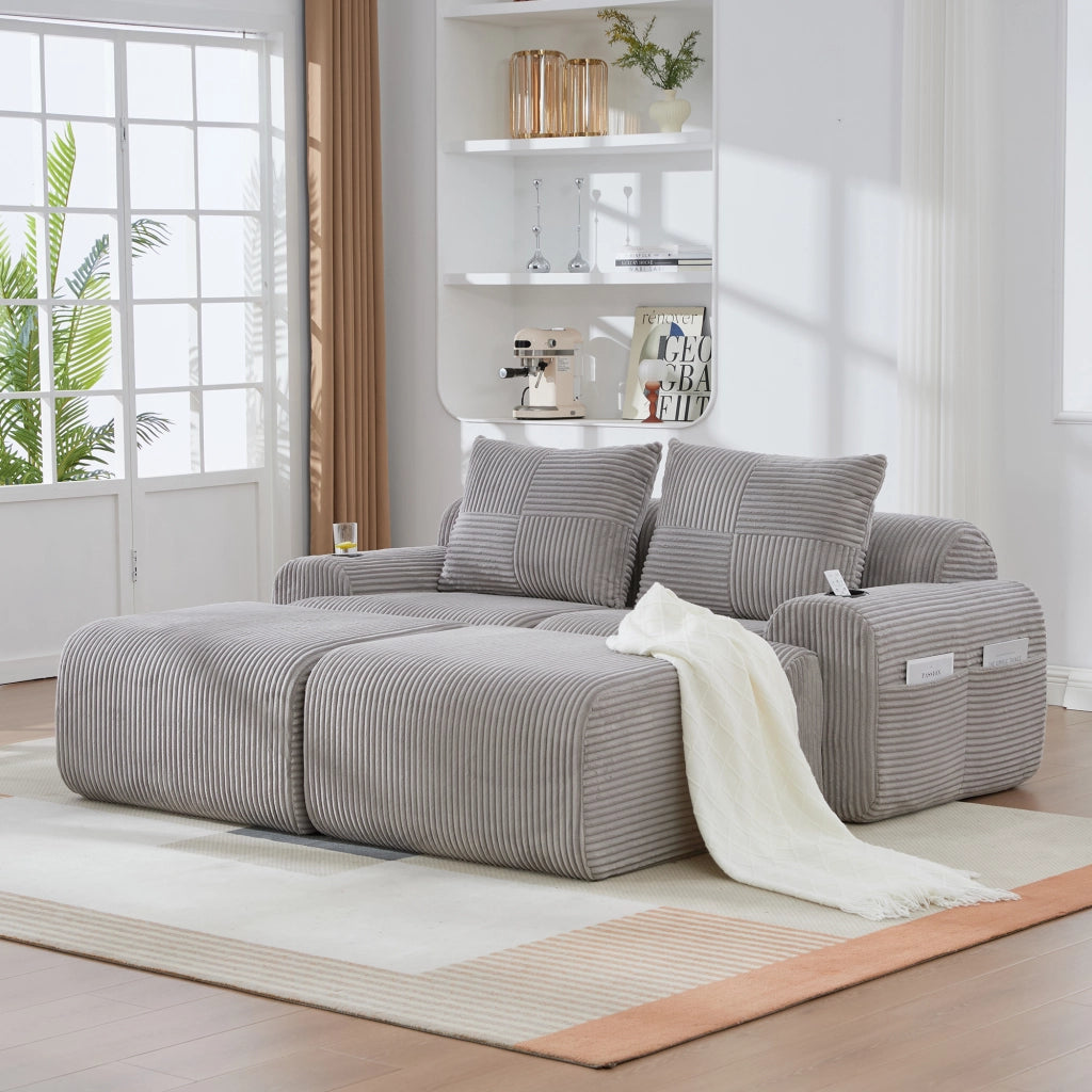 Divano modulare componibile 2 posti con portabicchieri e tasca laterale in corduroy grigio chiaro 200 × 174 × 80 cm