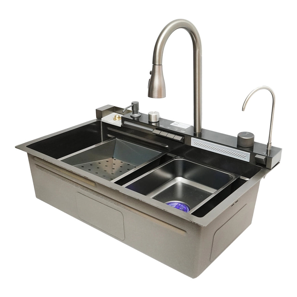 Lavello da cucina multifunzionale in acciaio inox con 2 rubinetti, display digitale della temperatura, funzione cascata, dispenser di sapone, lavapentole, scolapiatti, vassoio, tagliere e accessori di scarico inclusi, dimensioni 75×46×23,5 cm.