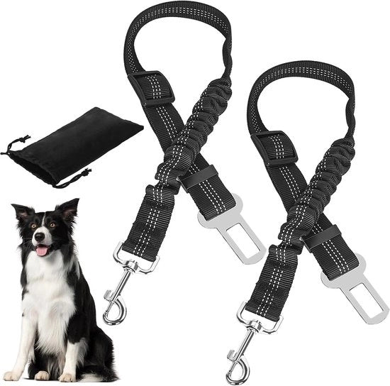 Cintura di sicurezza per cani - Adattabile, con ammortizzazione e tasca di stoccaggio - 2 pezzi - Adatto a tutti i razzi e i tipi di auto (50-88 cm)