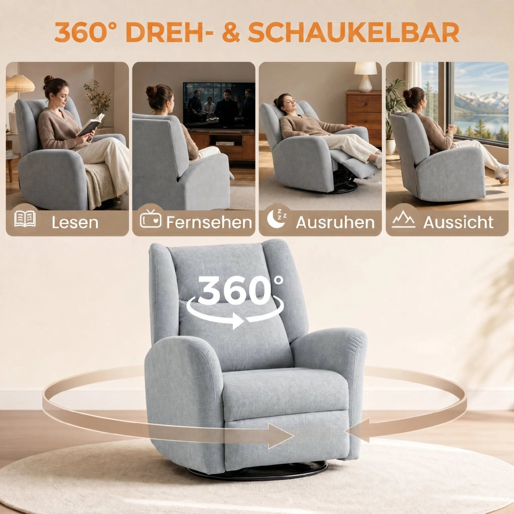 Poltrona Relax Girevole con Funzione Letto ¨C zephmum ¨C Tessuto Grigio Chiaro
