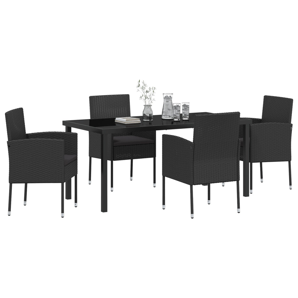 Set da Pranzo da Giardino 5 Pz con Cuscini Nero Polyrattan