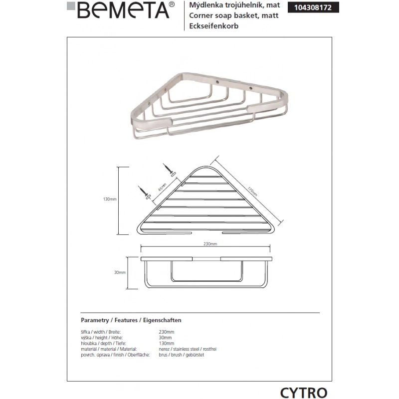 CYTRO Portasapone angolare in acciaio inox 23x13x3 cm