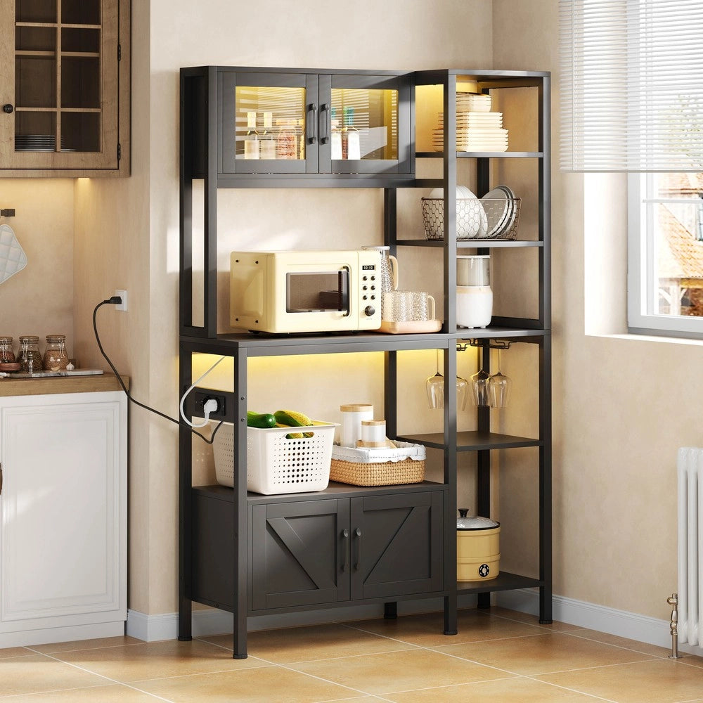 Libreria da Cucina con Presa e LED ¨C MINIMAL ¨C Scaffale Vino e Microonde, Legno, 180x115 cm