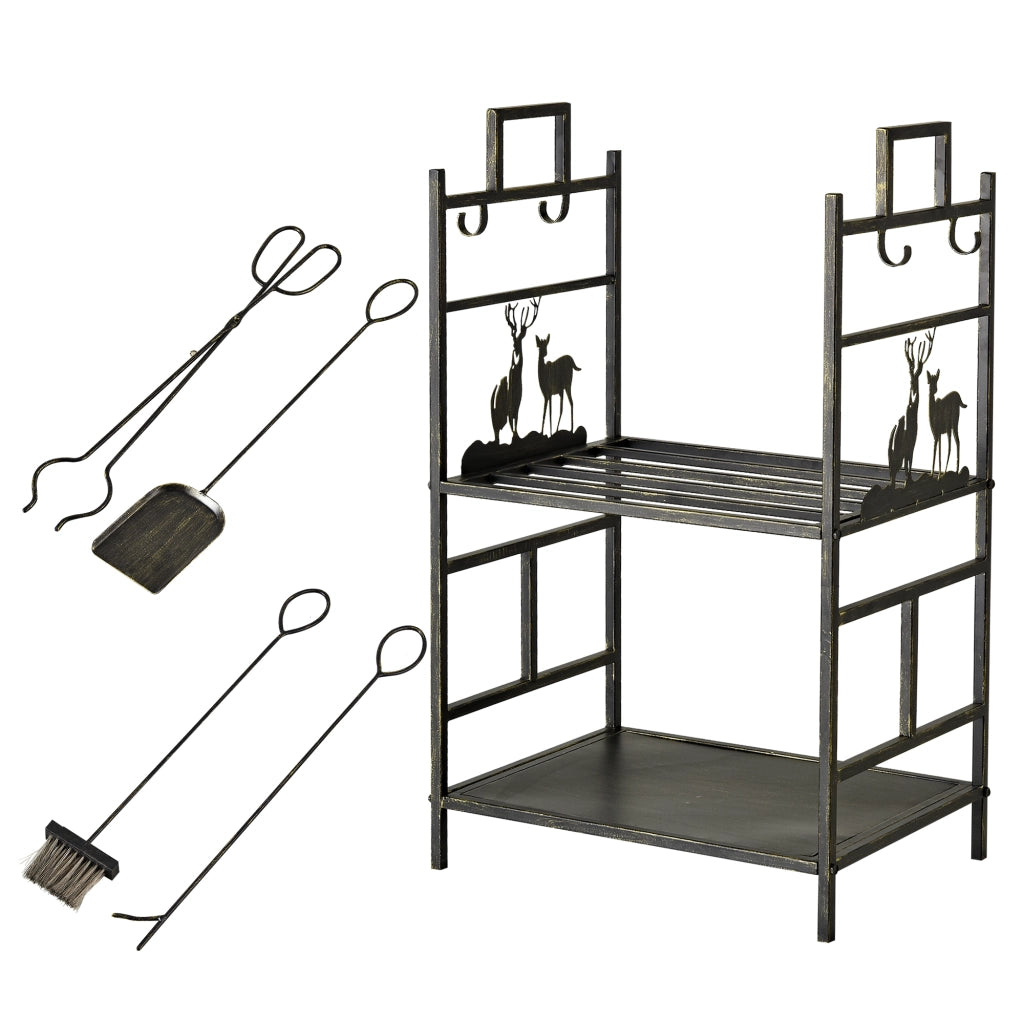 Portalegna in Ferro Battuto con Attrezzi per Camino, Manici e Base Rialzata, 51.5x33x77cm, Nero