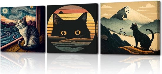 Stampo di Gatto in Tela 3 Pezzi - Tela HD Fotografica - Decorazione Per Parete Immagini Moderne - 30 x 30 cm - Listino in Legno Integrato - Bagno Cucina Studio