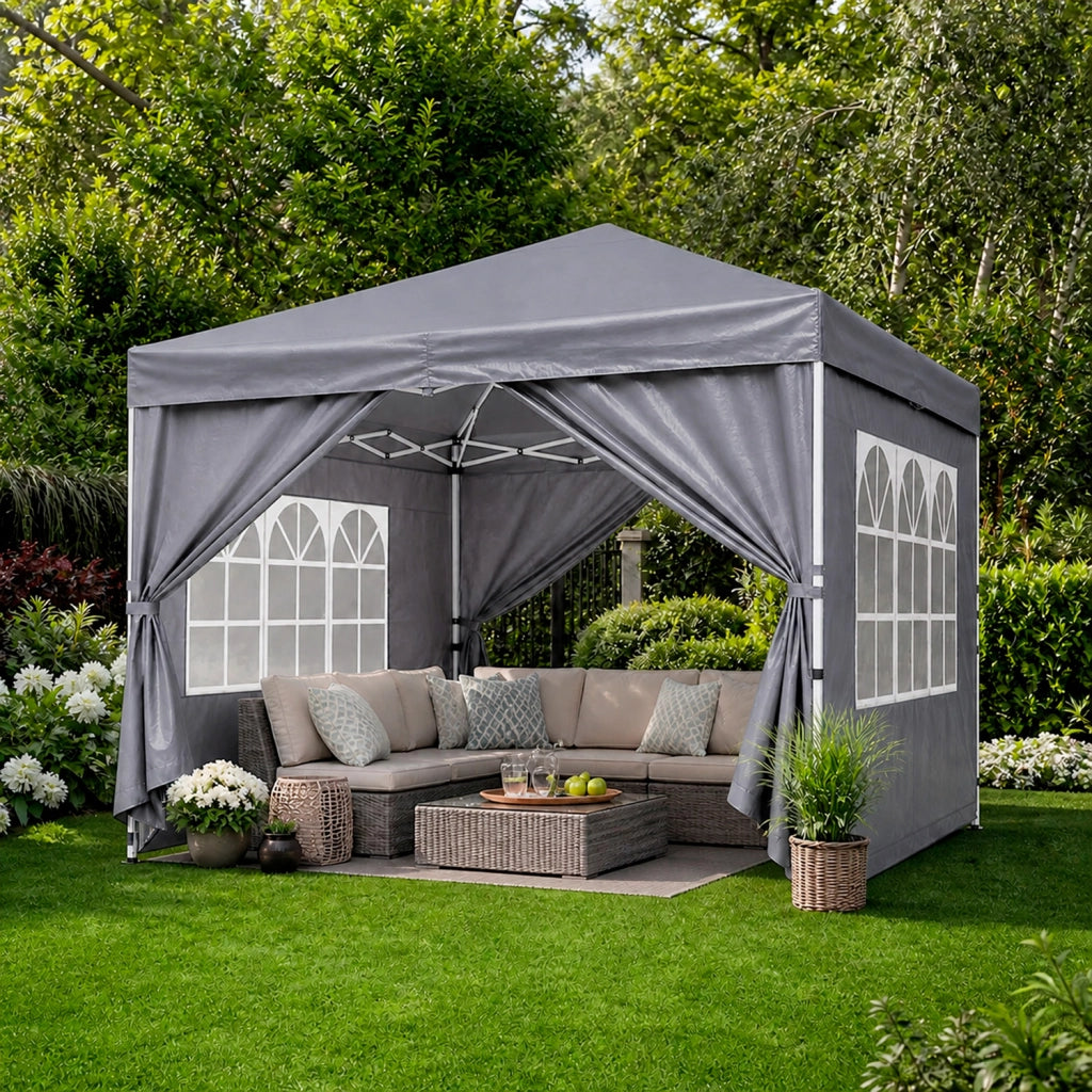 Gazebo Pop Up Da Esterno Con Pannelli Laterali Finestre Traslucide Copertura Impermeabile UV50+ Telaio Robusto In Acciaio Per Eventi E Giardino 3 x 3 x 2.59 m Grigio