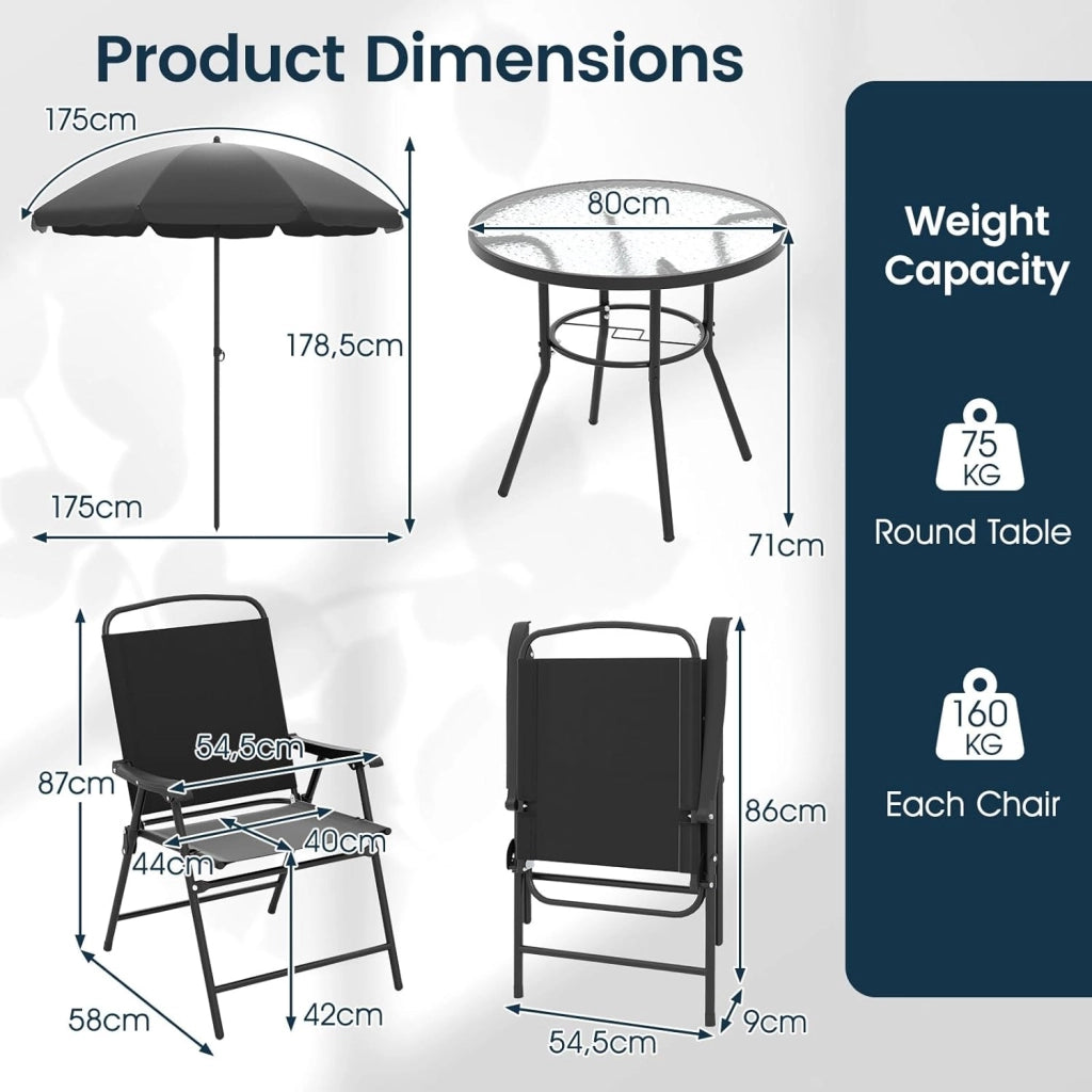 Set di 6 mobili da giardino con ombrellone, mobili da terrazza, 4 sedie pieghevoli con tavolo, set di mobili da balcone per 4 persone, set da giardino per giardino, balcone, terrazza