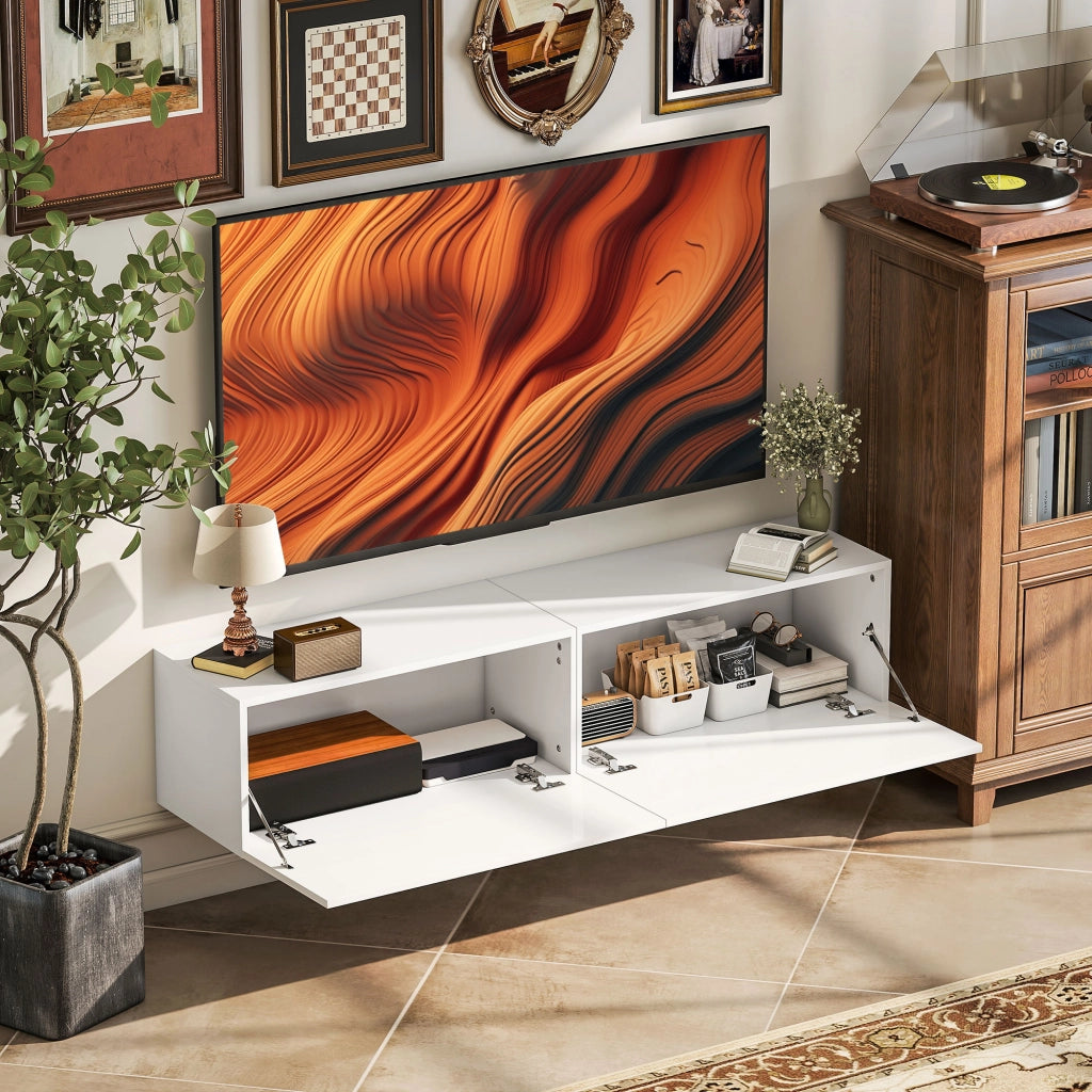 Mobile Sospeso con Armadietti con Ante a Ribalta 140x33x29,8 cm in Truciolare Bianco Lucido
