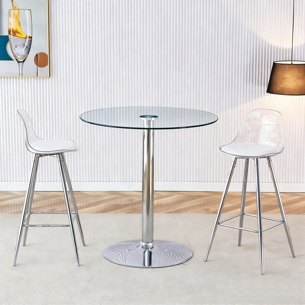 Tavolo rotondo in vetro trasparente con 2 sgabelli alti, base in metallo, stile moderno, per cucina, bar e uffici, 89 cm
