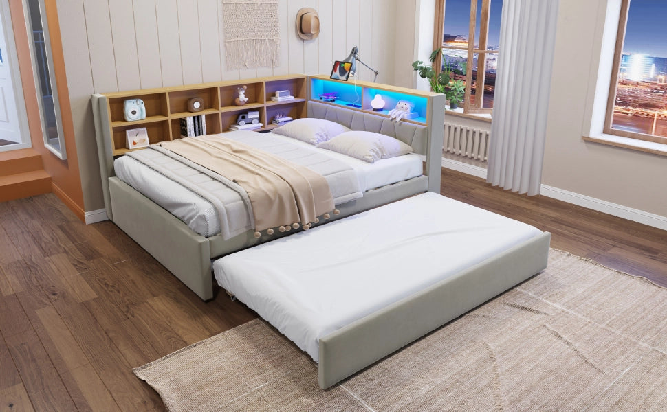 DESMIU Divano letto 140 × 200 cm 2 posti con LED, porte USB, Type-C e presa, senza materasso, in flanella, grigio chiaro