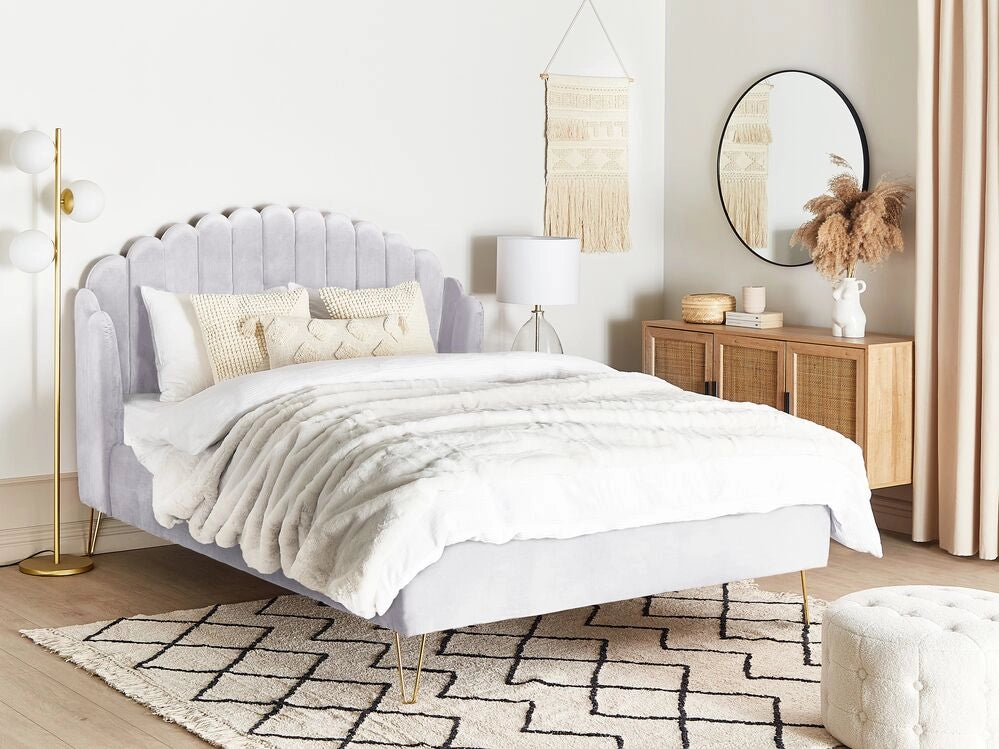 Letto con rete in velluto grigio 140 x 200 cm gambe in metallo testata retro capitonné
