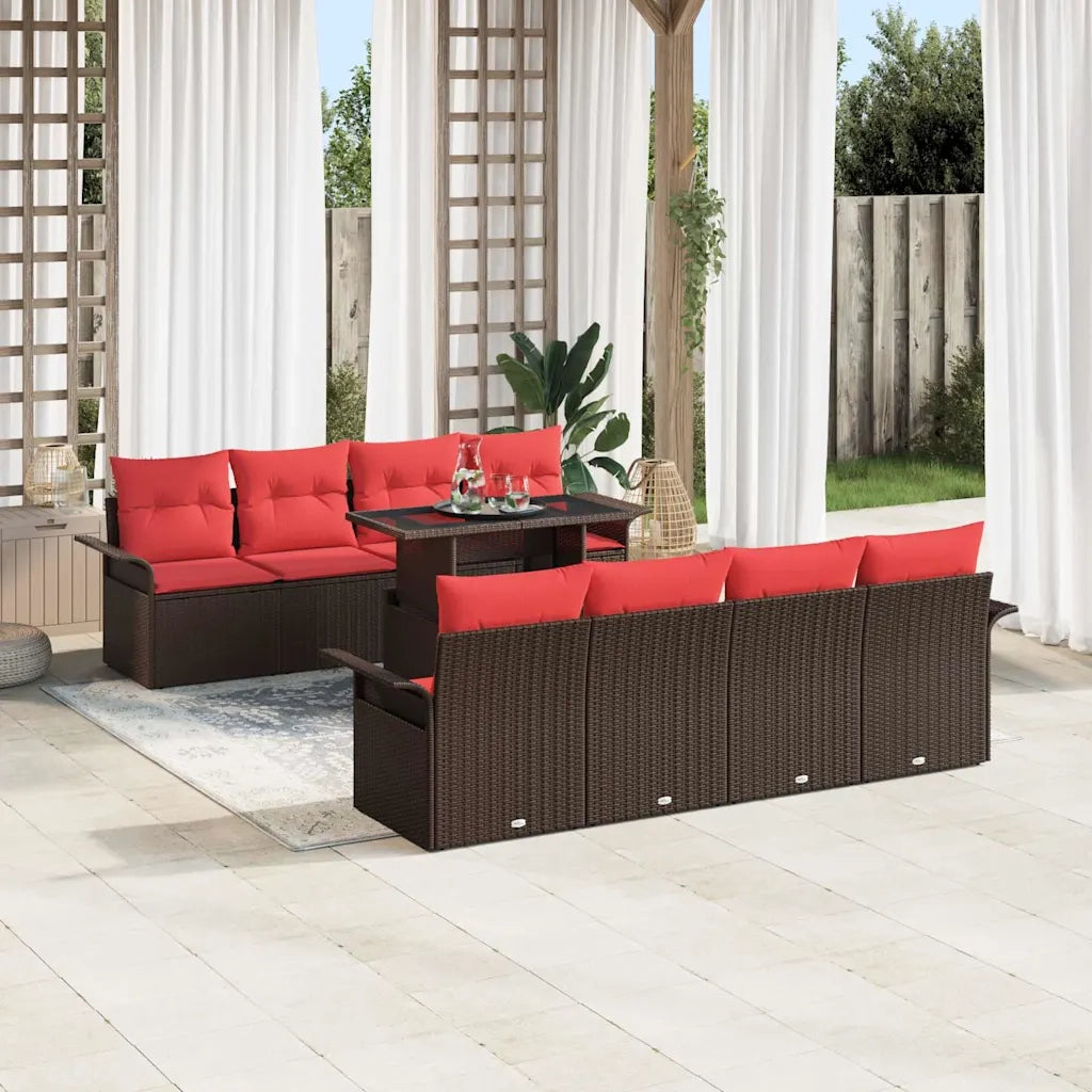 Set Divano da Giardino 9 pcs Marrone Rattan in Polipropilene