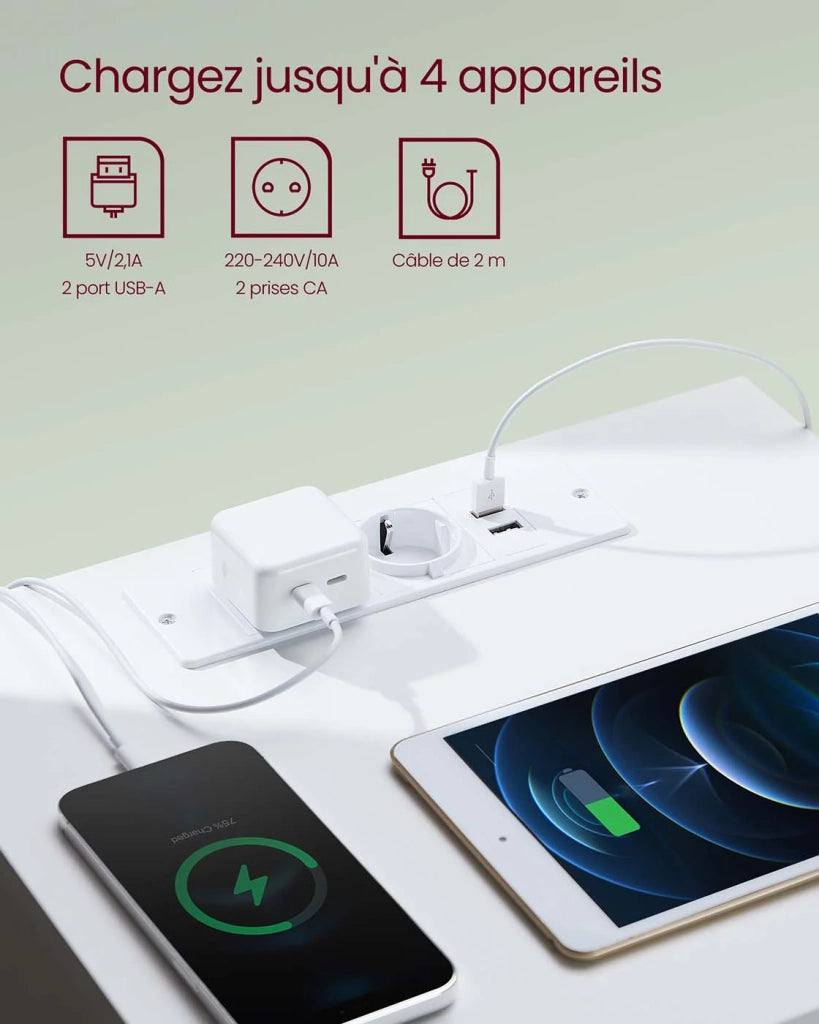 Comodino con multipresa tavolino con 2 cassetti 2 prese CA 2 porte USB-A per soggiorno camera da letto ufficio moderno bianco 12_0007607
