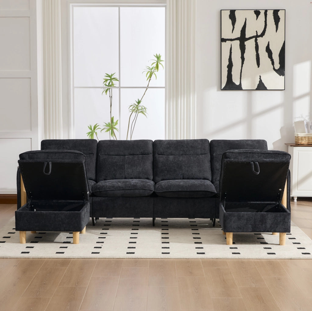 Divano modulare ad angolo a U 4 posti in tessuto Chenille nero con 2 pouf contenitori e gambe in legno