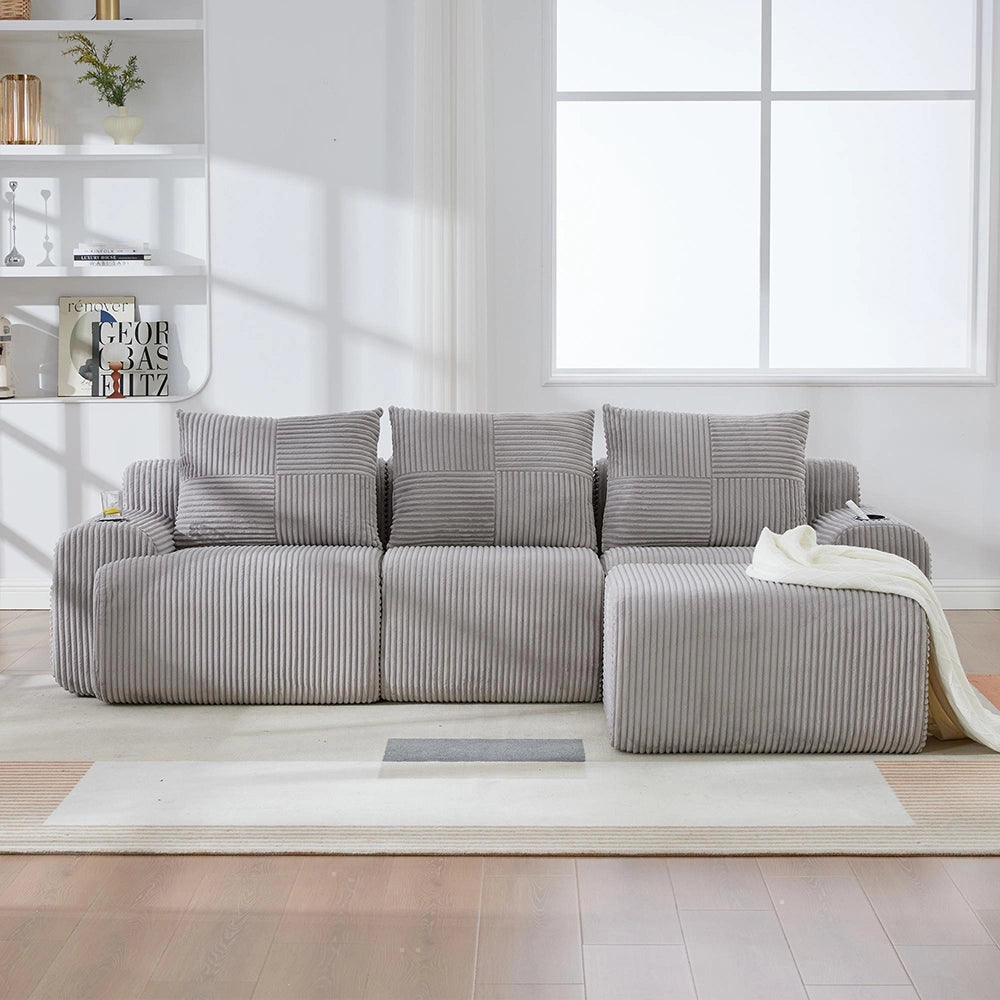 Canap¨¦ modulabile in velluto costato 3 posti - Xylo - Grigio chiaro con porta-bevande e tasche laterali