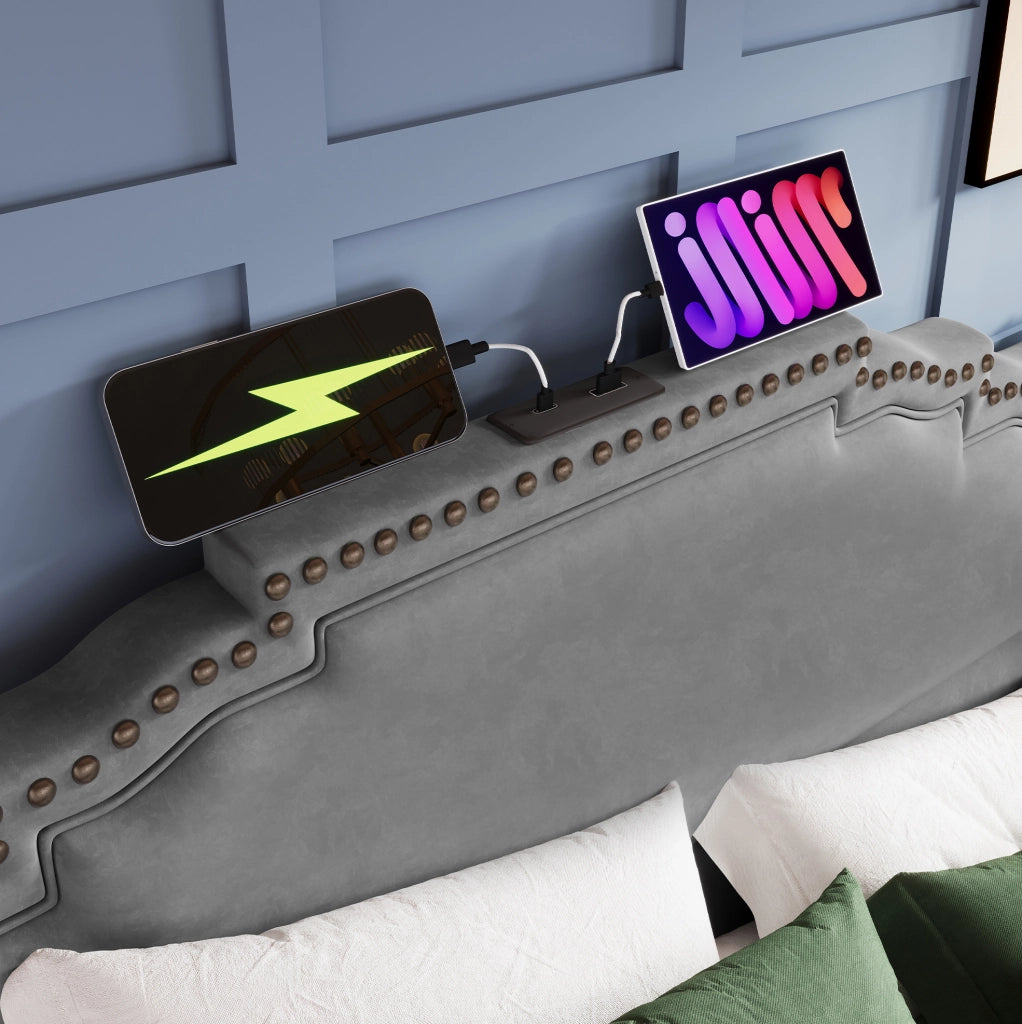 Letto matrimoniale 140x200 cm in velluto grigio con LED; USB Type-C e 4 cassetti; con materasso