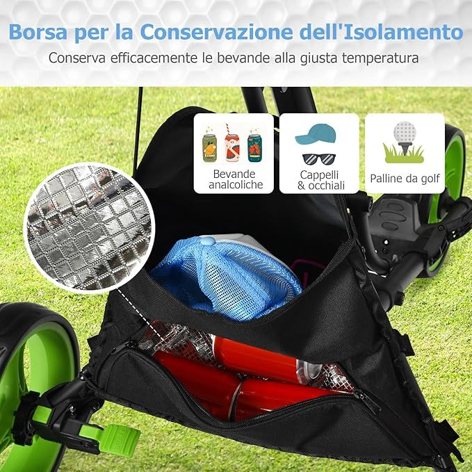 Carrello da Golf Pieghevole con 3 Ruote, Struttura in Alluminio, Cinghia Elastica, Portaombrello Regolabile e Porta Bicchiere, Segnapunti e Freno a Pedale