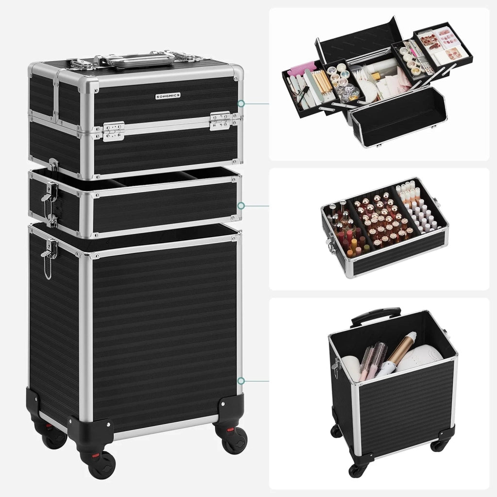Valigetta per il trucco professionale 35,7 x 27 x 72,5 cm per la cura delle unghie manicure trucco e acconciatura con 4 ruote girevoli per viaggi e lavoro nera 12_0007840