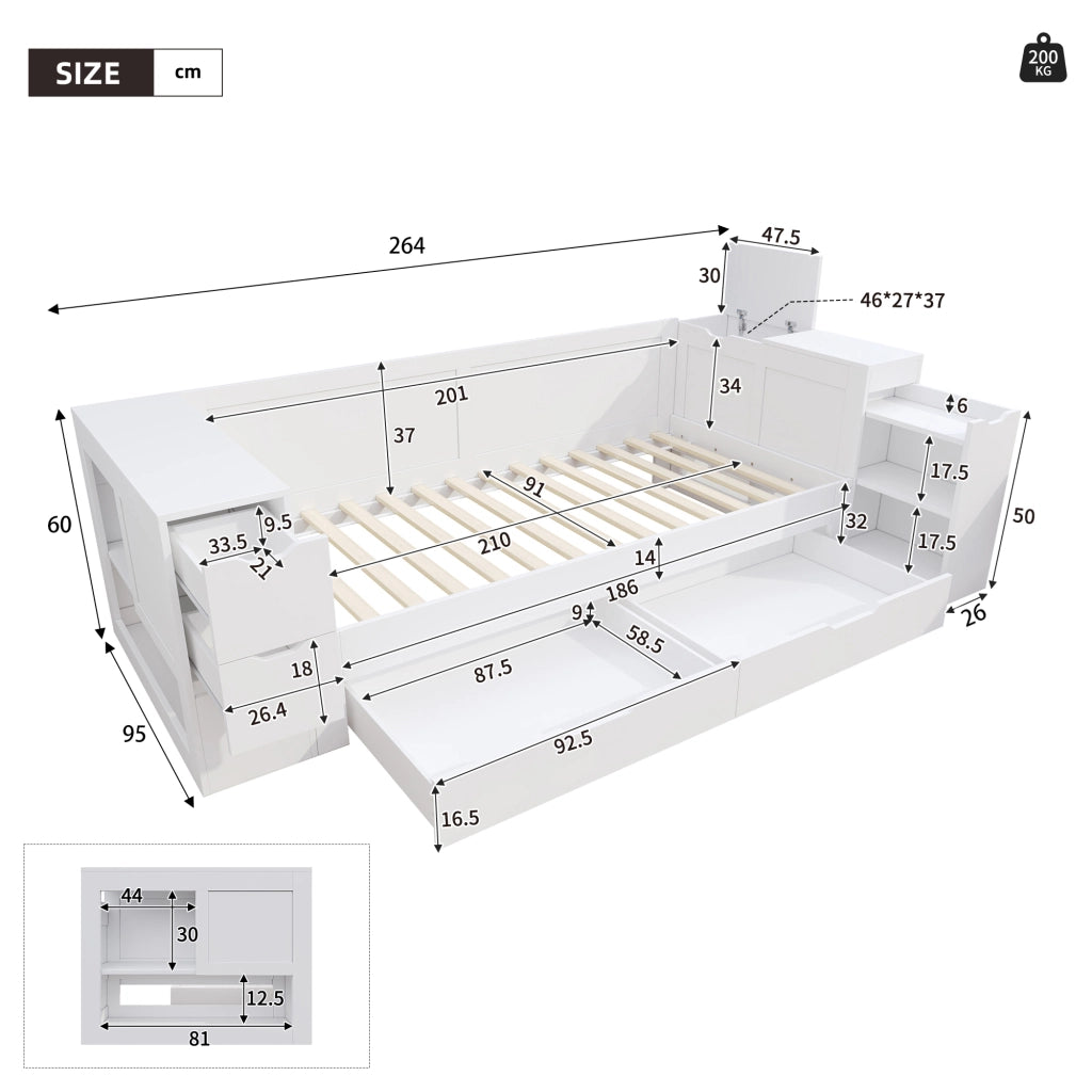 DESMIU Letto bambino daybed 90 × 200 cm con cassetto, contenitore, comodino, senza materasso, bianco