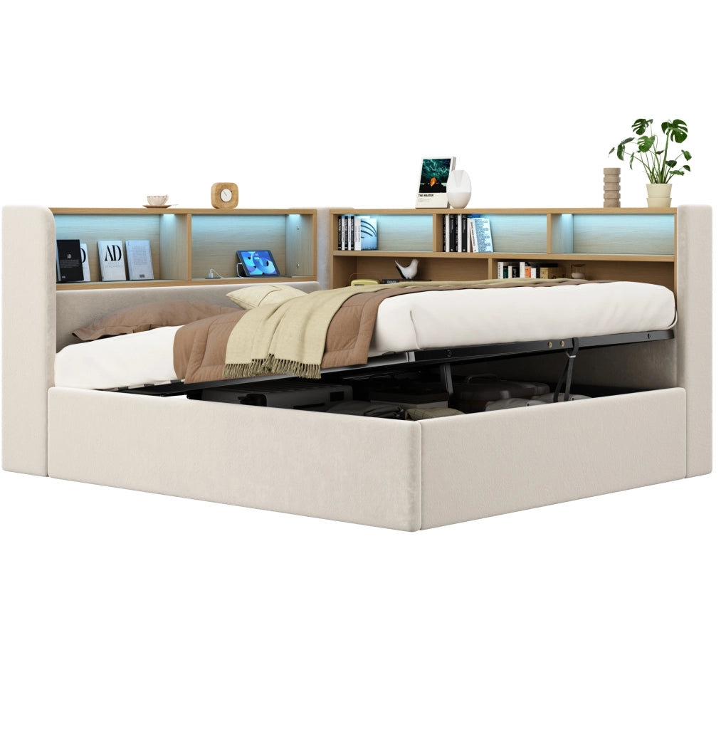 Letto imbottito beige con vano contenitore, LED e ricarica
