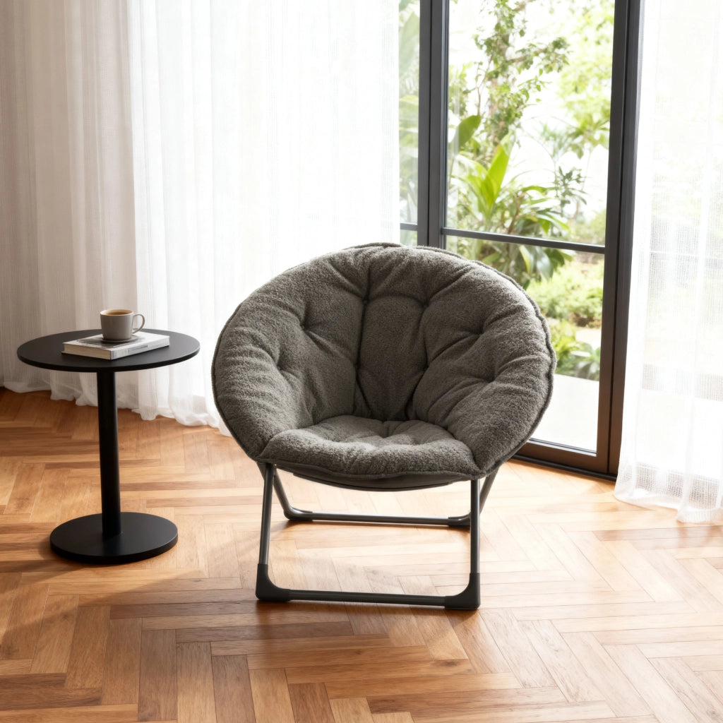 Poltrona Pieghevole Tonda ¨C MINIMAL ¨C Grigio, Tessuto Morbido, Sedia Relax per Camera