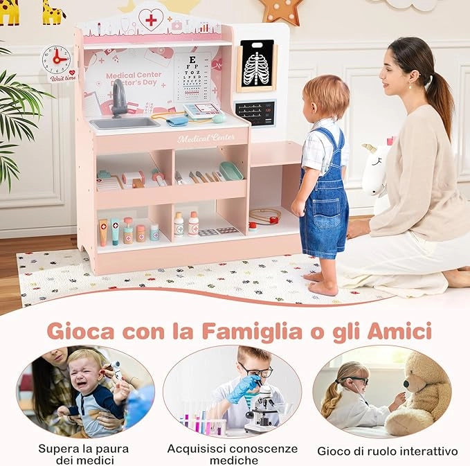 Set da Gioco Dottore in Legno, Centro Medico per Bambini con Orologio, Lavandino, Tabella Oculistica, Monitor ECG, Area Esame e 24 Accessori Giocattolo, 97 × 30,5 × 88 cm (Rosa)