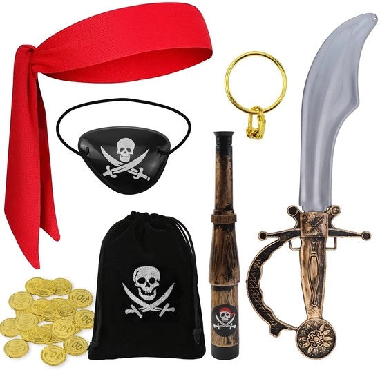 Set di costume pirata 7 pezzi - Costume per bambini - Unisex - Accessori: occhialino/bandana rossa - Dimensioni: 33,5 x 11,8 x 3,2 cm - Ideale per il carnevale - Costume per bambini