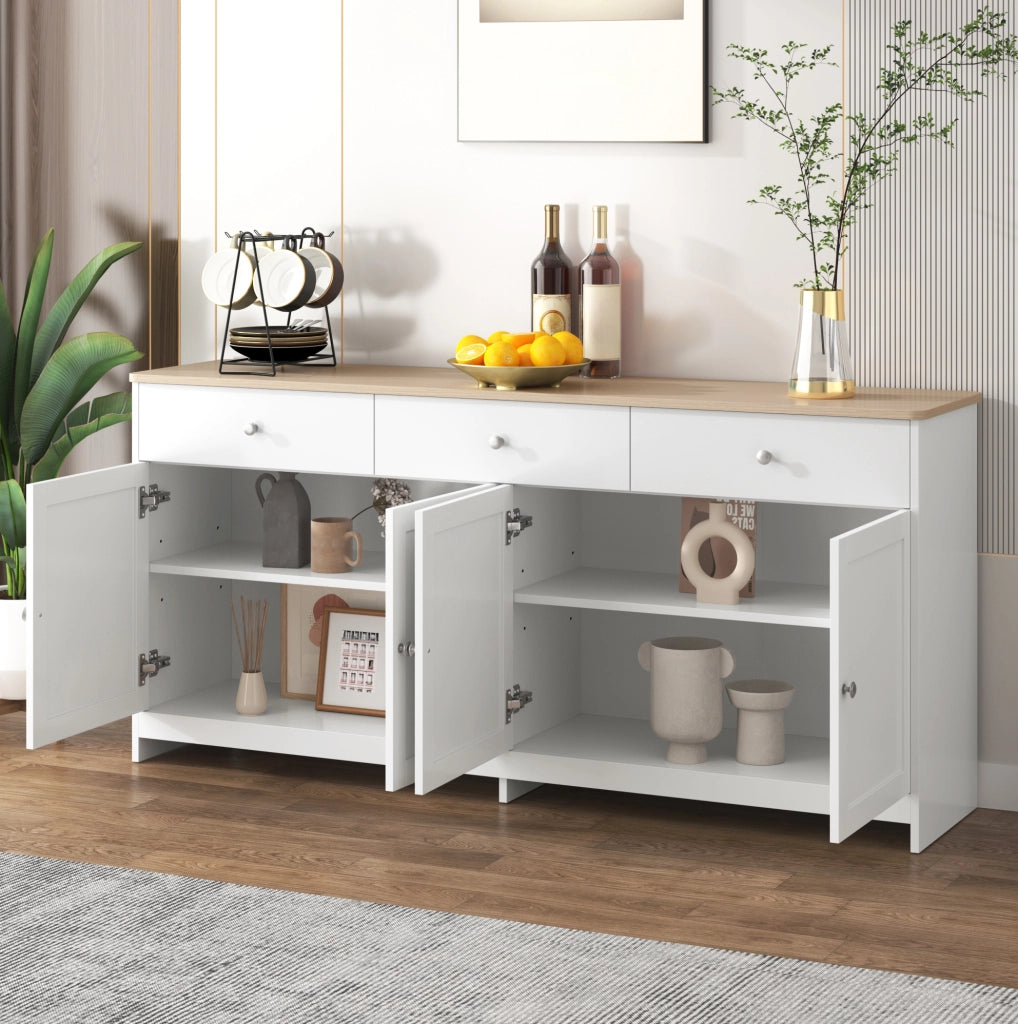 Credenza 160x37x75 cm con 3 cassetti; 4 ante e ripiani regolabili in MDF bianco e naturale
