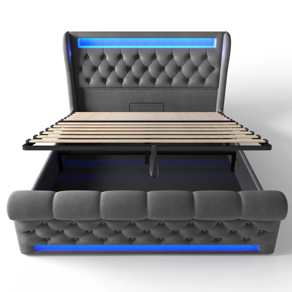 Letto matrimoniale imbottito 140x190 cm in velluto grigio con LED; ricarica USB e Type-C; contenitore idraulico