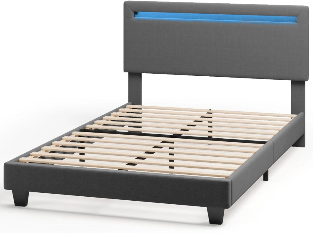 Letto imbottito 120x200cm con luce LED, Letto a piattaforma imbottito, Struttura in ferro, Testiera imbottita, Bse robusta, Adatto per camere degli ospiti (Grigio scuro)