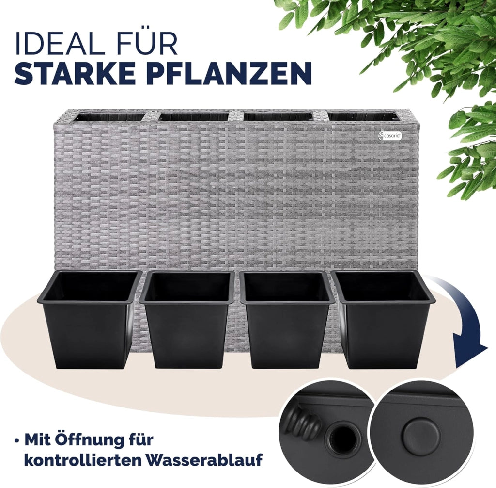 Fioriera Rettangolare 95x27x60 cm con 4 Vasi Interni in Polyrattan con Sistema di Drenaggio Fioriere Porta Vaso da Fiori Piante Divisorio Giardino Balcone Terrazza Grigio