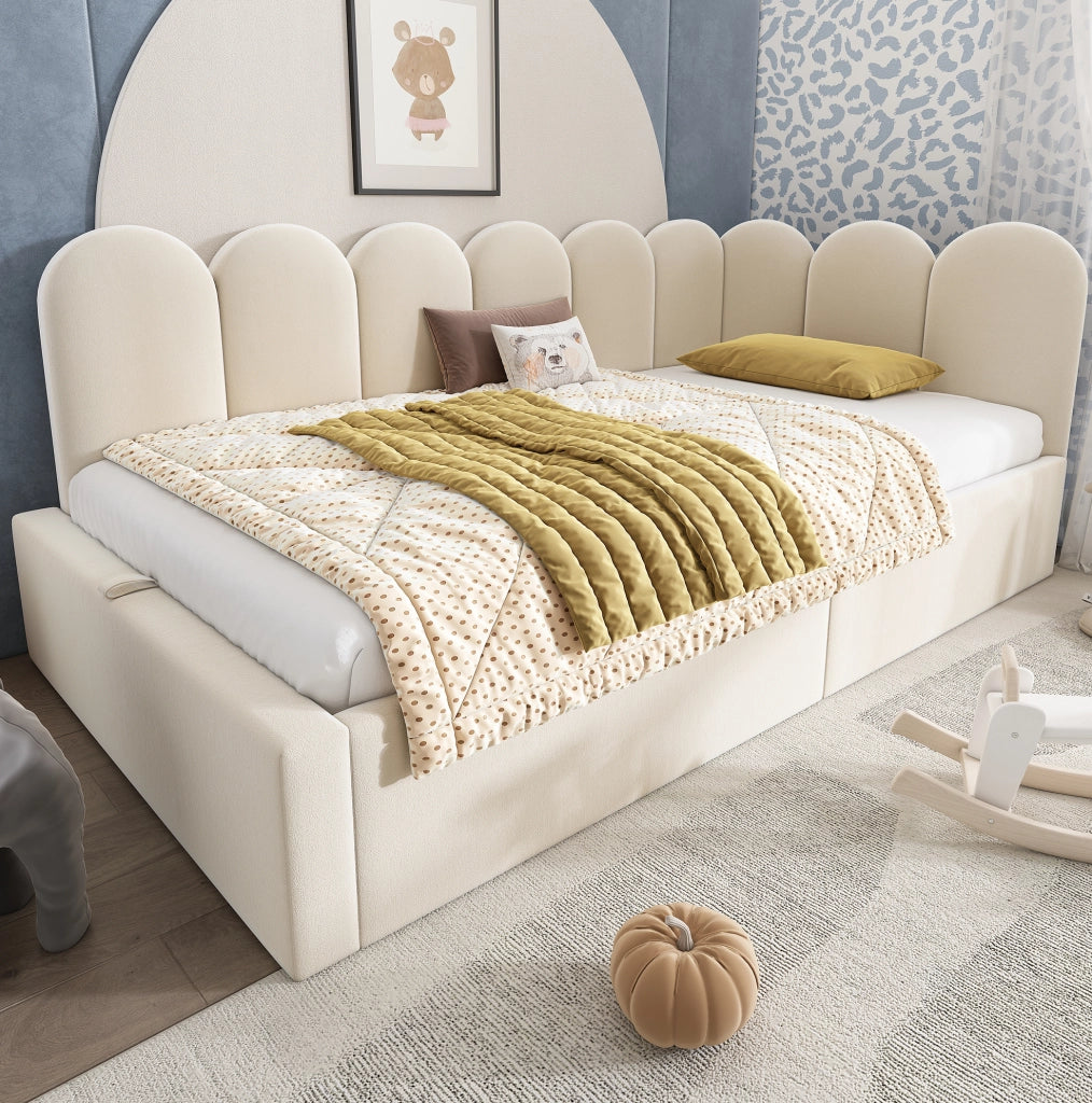 Letto daybed 90x200 cm con contenitore idraulico; struttura in metallo e velluto beige