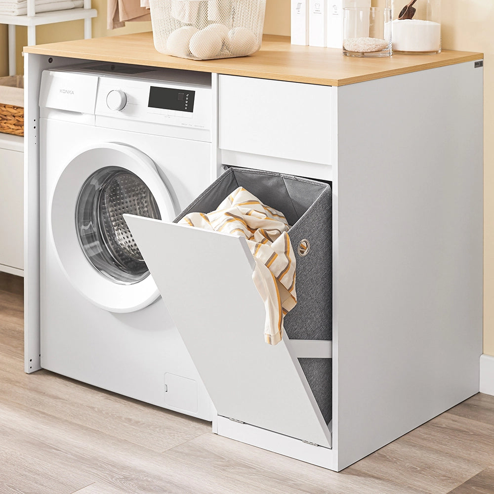 SoBuy Mobile per lavatrice – Armadio da bagno con cesto portabiancheria e cassetto, per lavatrice e asciugatrice, Mobiletto salvaspazio legno, Bianco,100×60×90 cm, BZR217-WN