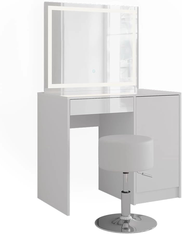 Tavolo da toeletta Sherry, Bianco/bianco lucido, 89.8 cm con specchio LED e sgabello, per l’uso quotidiano come postazione trucco e acconciatura
