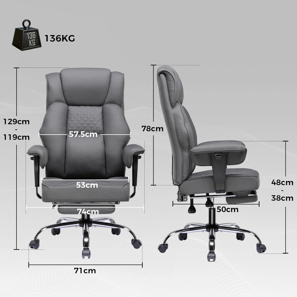 Sedia da gaming, ampia sedia da ufficio in tessuto di alta qualità, ergonomica, sedia da scrivania regolabile e girevole con poggiapiedi, 180 kg, grigio