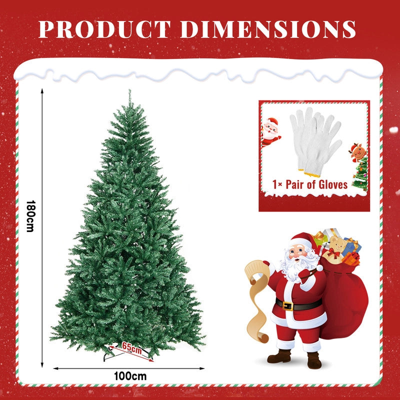 Albero di Natale artificiale 180 cm, albero di Natale con guanti e 866 punte di rami, supporto in metallo, montaggio rapido, ignifugo, abete