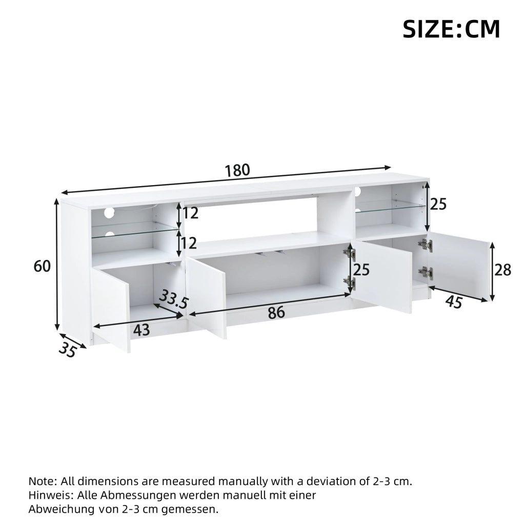 Mobile TV con illuminazione LED, 4 ante a battente, 8 vani contenitori, bianco lucido, 180 x 35 x 60 cm