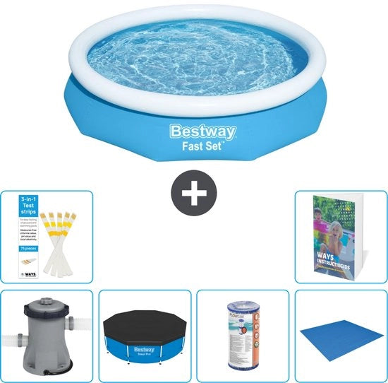 Piscina Opblaasbar Rond Fast Set - 305 x 66 cm - Blu - Inclusa Pomp Copertura - Filtro - Copertina del Fondo - 7 pezzi