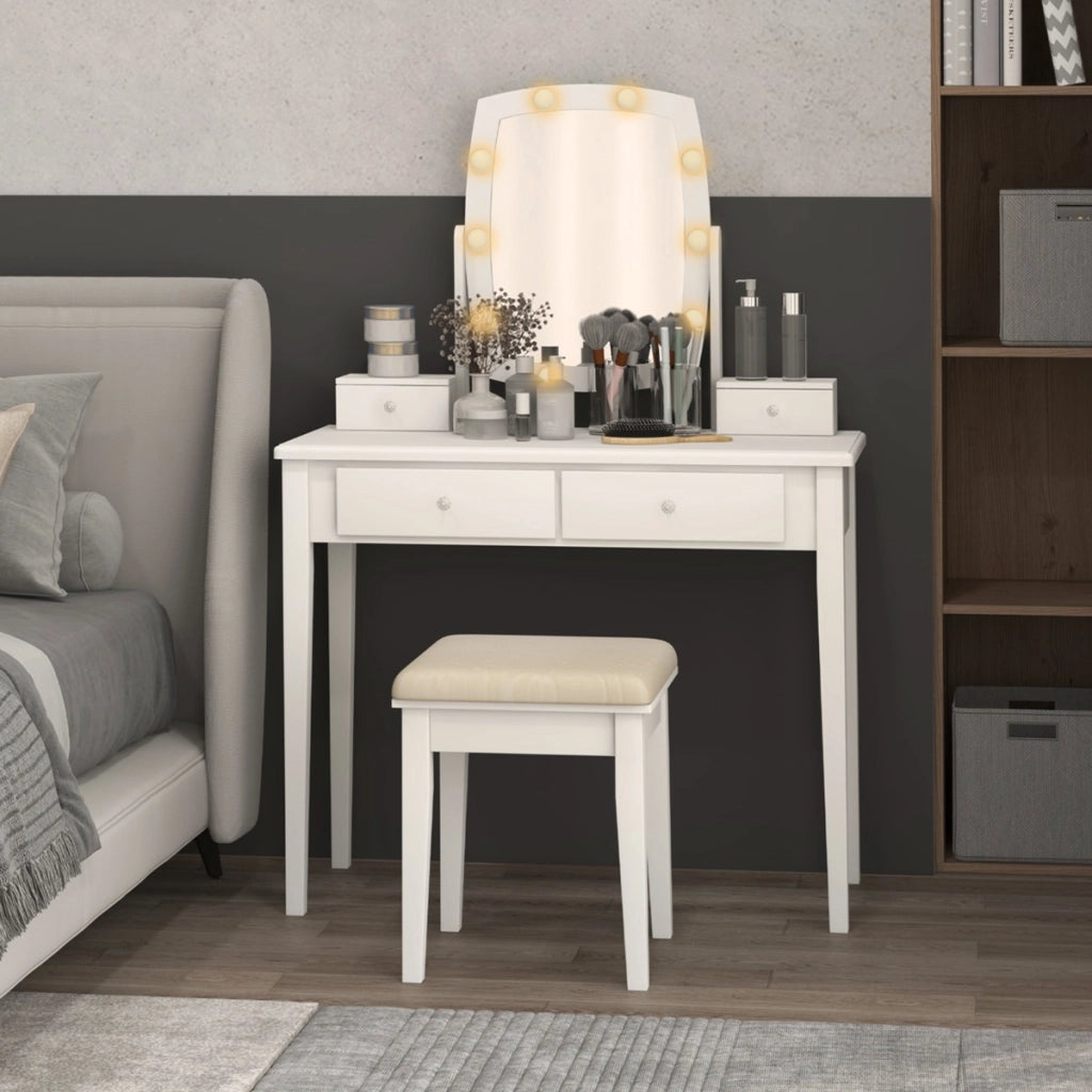 Scrivania per trucco con specchio illuminato girevole luci LED dimmerabili a 3 colori sgabello imbottito, Set di vanit¨¤ Bianco-Tavoli da trucco