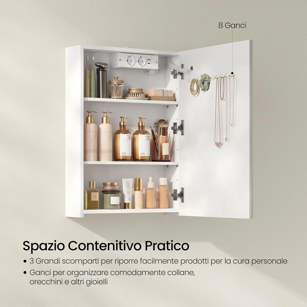 Mobile Bagno con Specchio e Luce, Armadietto Bagno con Ripiani Regolabili, Ganci e Prese, Luce Tattile a 3 Colori, per Appartamento, Bianco, 50x14,5x70 cm
