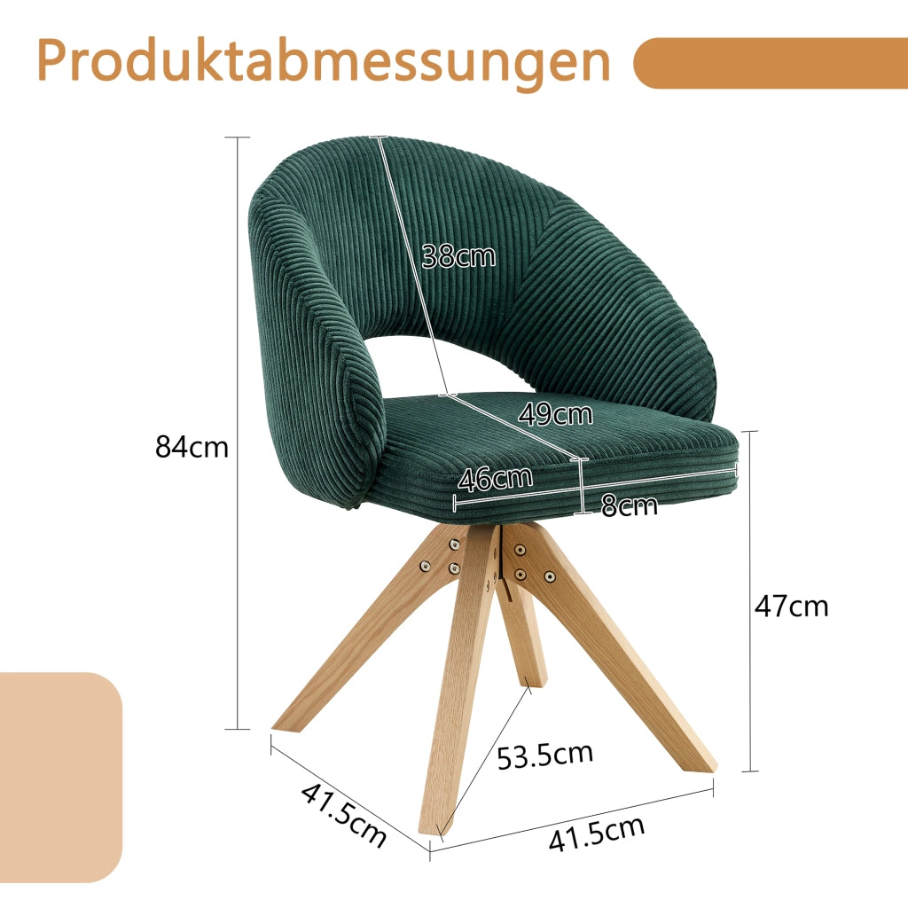 Sedia da pranzo set da 2 girevole a 360° con schienale avvolgente e gambe in legno, velluto verde scuro