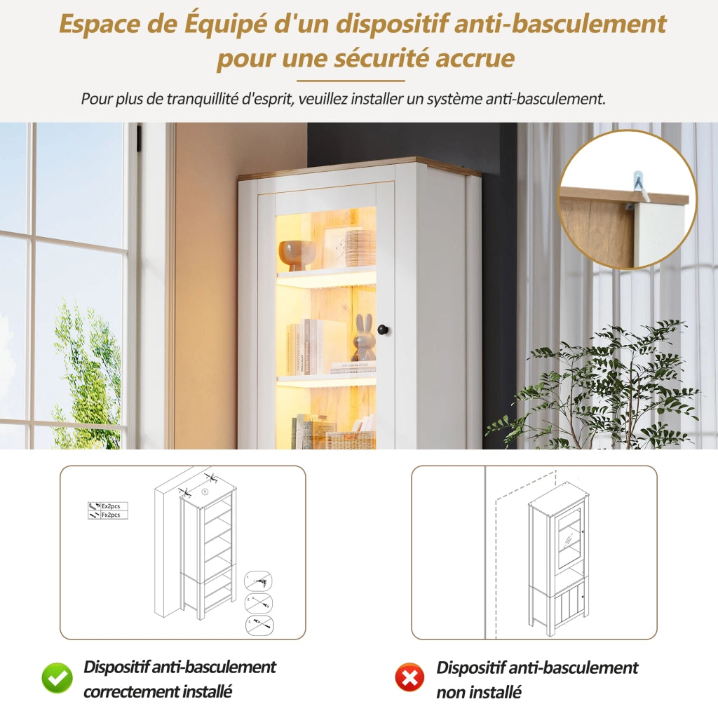 Vetrina alta con 2 ante, 6 ripiani e LED, per soggiorno, in pannello truciolare e vetro, bianco, 70 × 40 × 188 cm