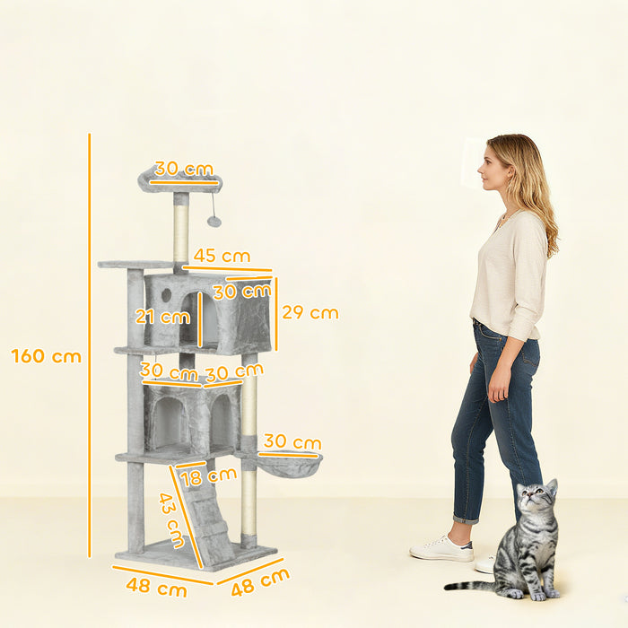 Albero Tiragraffi per Gatti Alto 160 cm con 2 Casette Amaca Lettino e Pali in Sisal Grigio