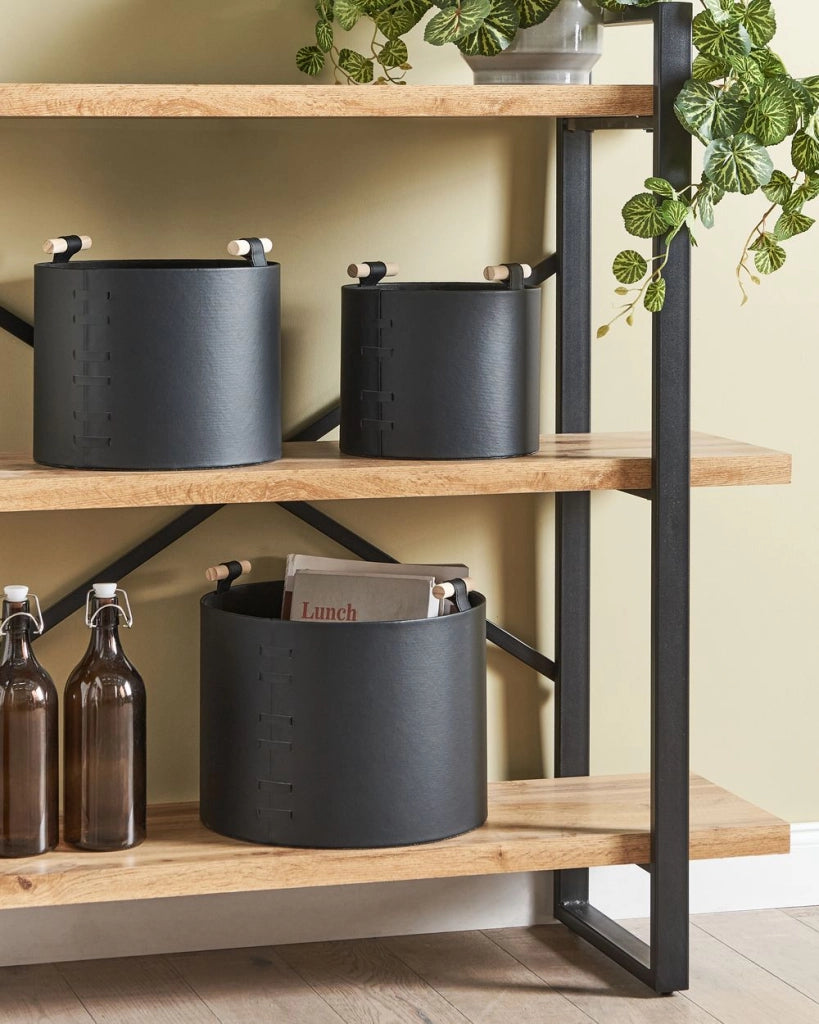 Set di 3 cesti portaoggetti fatti a mano con manici in ecopelle nero