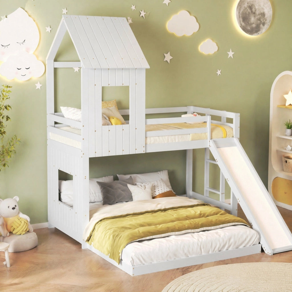 Letto a castello con scivolo e casetta, bianco, 90x200 cm e 140x200 cm