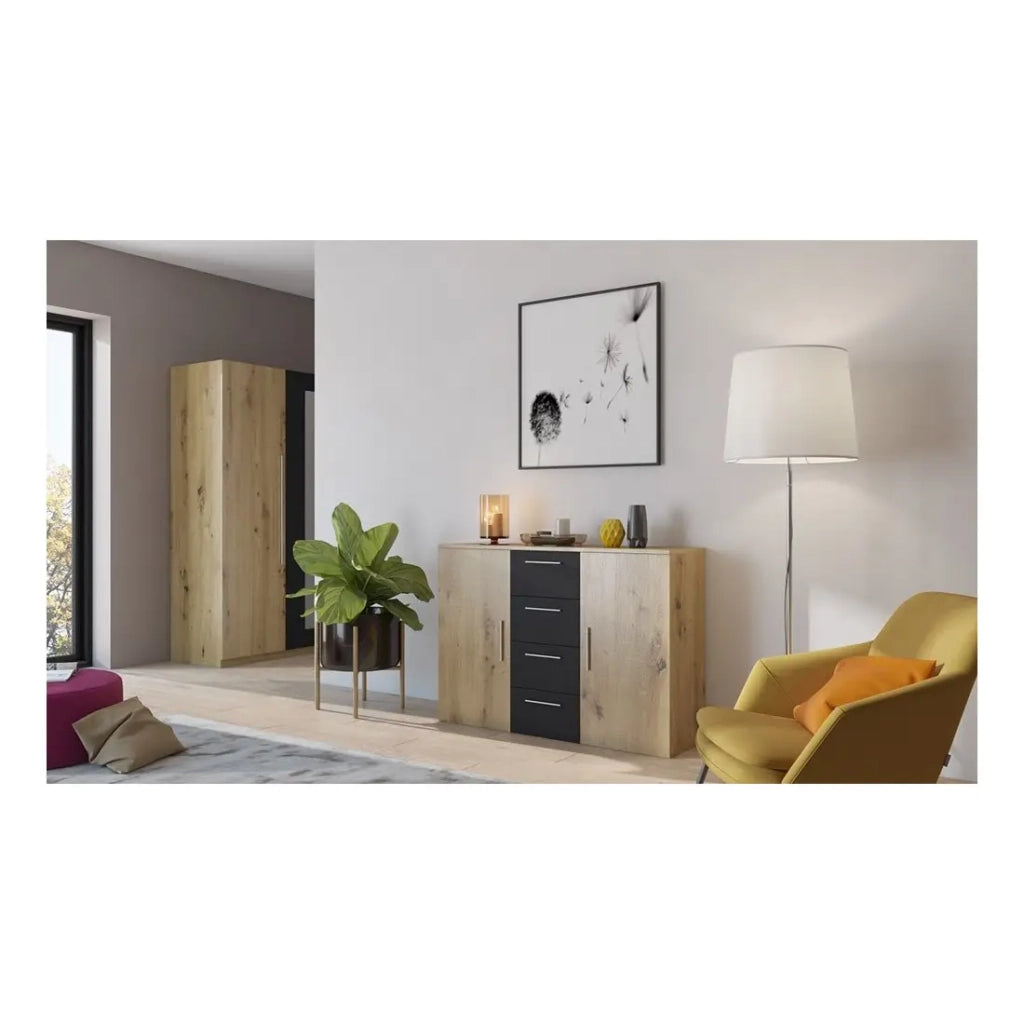 Credenza con 2 ante e 4 cassetti 130cm. Collezione IRINA in imitazione di rovere chiaro e nero.