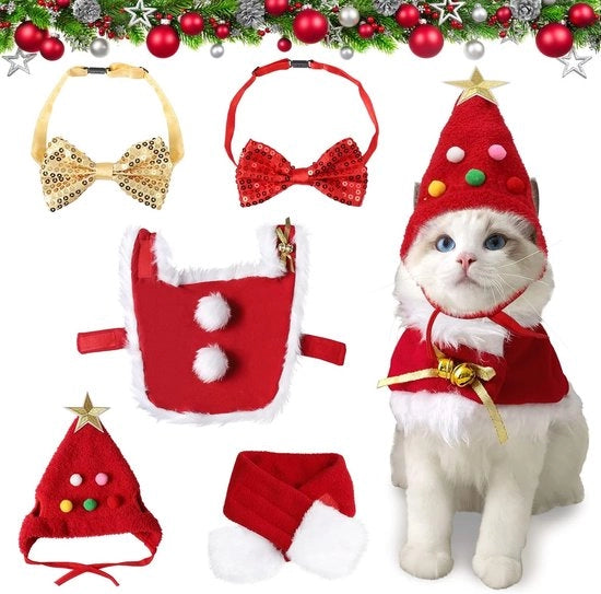 Set di costumi per animali domestici, 5 pezzi, costume da Natale per cani, costume da Natale per gatti, set di accessori, Babbo Natale, gatto con cappello, cappello, sciarpa a farfalla, collare, sciarpa