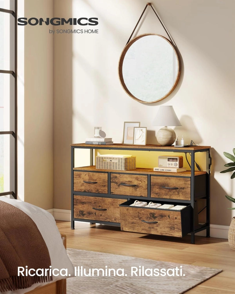 SONGMICS BELLAH Collezione - Cassettiera con LED Regolabile Controllato da APP, Mobile con Prese, 1 Ripiano, 5 Cassetti, Industriale, Marrone Vintage e Nero Inchiostro LGS723KD01